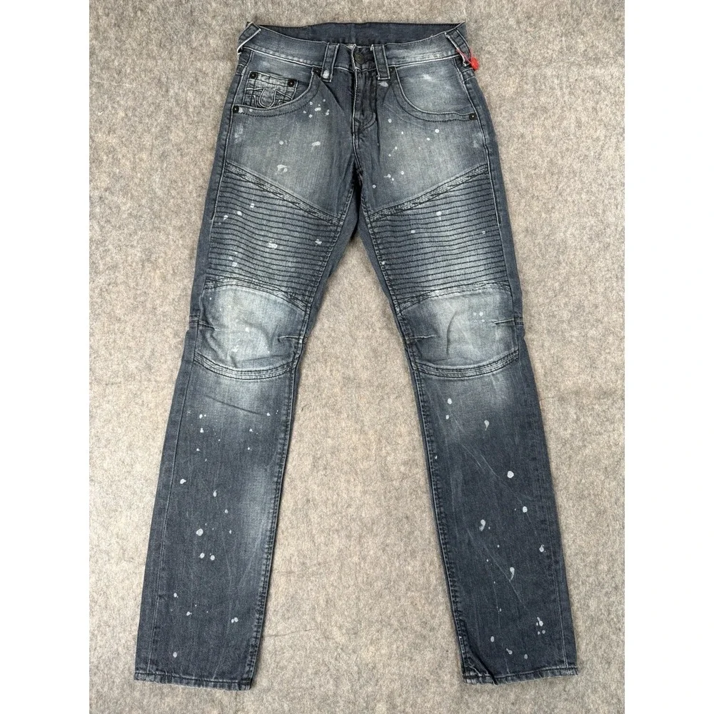 True Religion MENS 29x32 Slim Moto Run Jeans Blue Stitched Paint Splatter Y2K